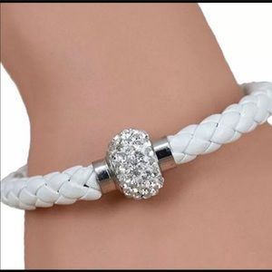 NEW•Sugared + Bronzed BLINGY WHITE LEATHER RHINESTONE BRACELET